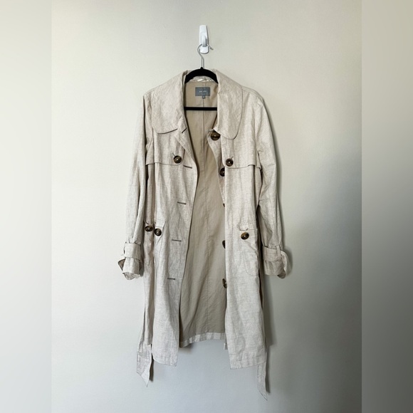 MARKS & SPENCER PER UNA 100% Linen Belted Trench Coat Beige Large - Picture 2 of 4